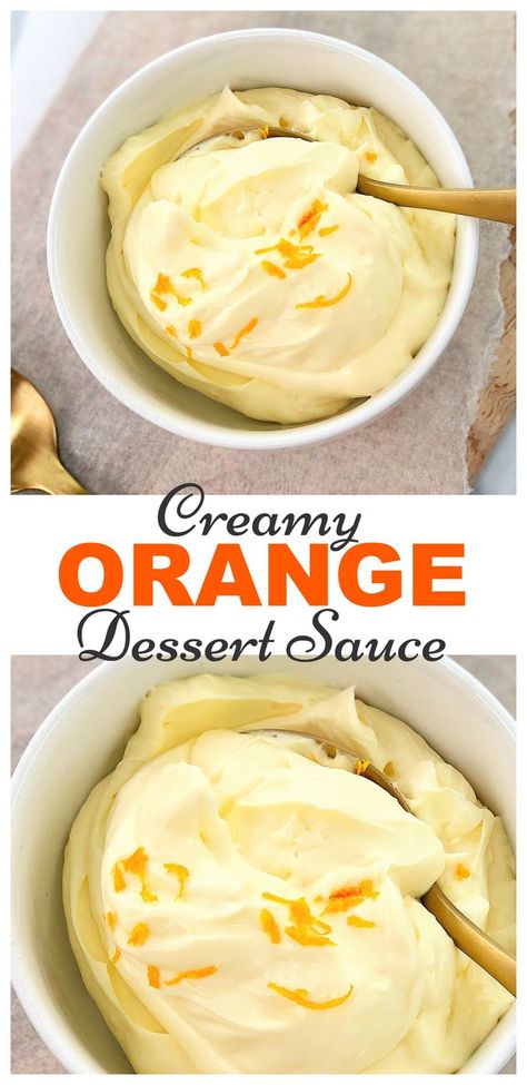 Creamy Orange Dessert Sauce - a fast and simple orange dessert cream sauce with only 3 ingredients. No whipping, just a quick mix and you're done! A quick orange cream sauce for everything from fruit dips to drizzling over a dessert cake! www.chefnotrequired.com #orange #easydesserts #easydessertrecipes #creamy #mascarpone Orange Cake Filling, Mascarpone Sauce, Fruit Dips, Mascarpone Dessert, Orange Dessert, Cake Filling Recipes, Dessert Sauce, Cake Fillings, Dessert Sauces