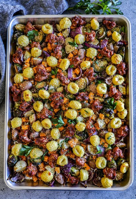 Italian Sausage and Gnocchi Sheet Pan Dinner Gnocchi Roasted Vegetables, Sheet Pan Sausage And Gnocchi, Sheet Pan Dinners Gnocchi, Sheet Pan Gnocchi Recipes, Sheet Pan Gnocchi And Vegetables, Sausage Gnocchi Sheet Pan, Spicy Sausage Gnocchi, Italian Chicken Sausage Recipes, Gnocchi Sheet Pan Dinner