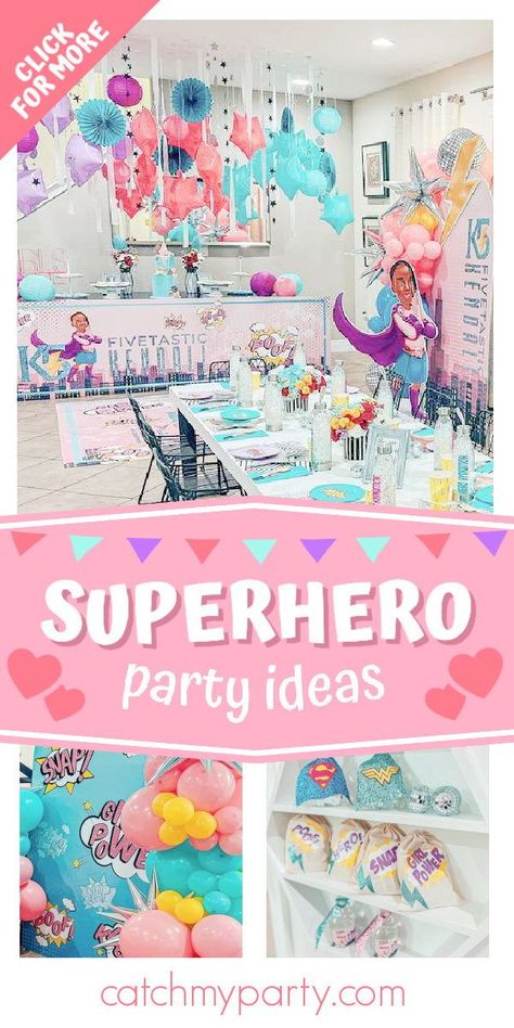 Super Hero Birthday Party Ideas For Girl, Girly Superhero Birthday Party, Princess Superhero Party, Super Hero Girls Birthday Party, Princess And Superhero Party, Girls Superhero Birthday Party, Ghost Spider Birthday Party, Supergirl Birthday Party, Superhero Girl Birthday Party