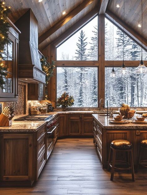 Kitchen Dark Wood, Cozy Cabin Interior, Log Cabin Kitchen, Cabin Houses, Vacation House Plans, Kitchen Dark, Log Houses, Cabin Aesthetic, Cabin Kitchen