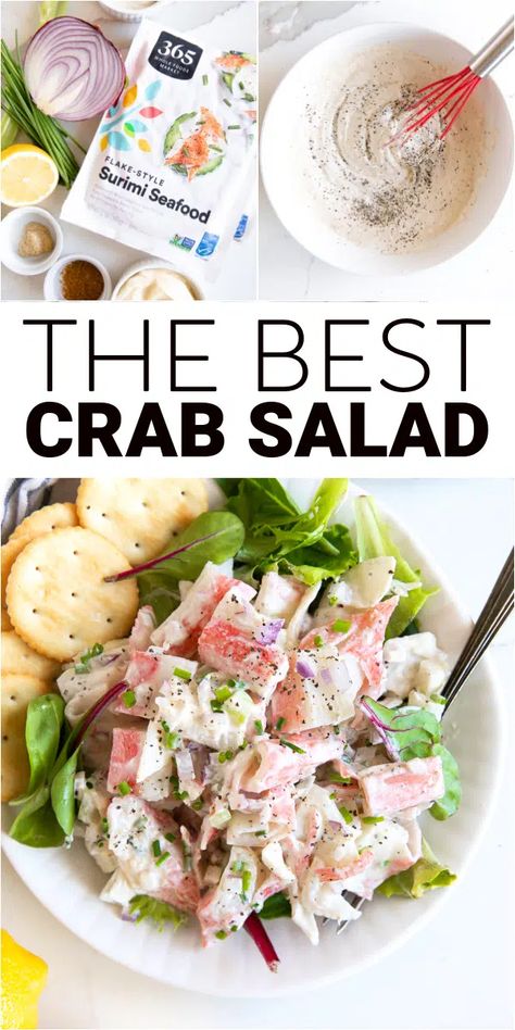 This easy Crab Salad is made with imitation crab meat, diced onion, and celery all tossed in a creamy mayonnaise dressing. Delicious served over a bed of lettuce, scooped onto buttery crackers, or piled between your favorite sandwich roll. Pasta Salad With Crab Meat, Imitatation Crab Salad Recipe, Salad With Crab Meat, Best Crab Salad Recipe, Imitated Crab Recipes, Recipe For Pasta Salad, Crab Salad Sandwich, Crab Meat Salad, Mayonnaise Dressing