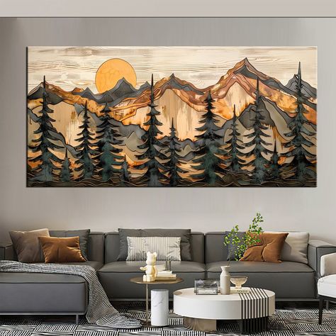 Cabin Basement Decor, Wooden Mountain Wall Art Rustic, House Decor Wood Rustic Modern, Farmhouse Style Wall Art, Cabin Themed Basement, Cool Basement Decor, Modern Farmhouse Bedroom Decor Wall Art, Mountain House Decor Rustic, Wall Art For Basement