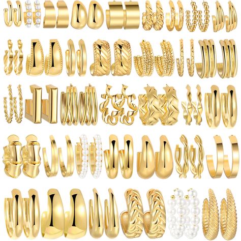 PRICES MAY VARY. 【Gold Hoop Earrings】You will get 36 pairs of gold earrings of different designs and sizes, including gold earrings, chunky earrings, big hoops, small hoops, twisted earrings, pearl earrings. which can be worn on different parts of the ears. One set will satisfy you for all occasions and clothing, makes you more elegant and attractive! 【High Quality Material】Our gold hoop earrings are made of premium alloy material, free of lead and nickel, and hypoallergenic, mirror color preser Gold Earring Set, Twisted Earrings, Jewelry Gold Earrings, Earring Pack, Chunky Gold Hoop Earrings, Amazon Jewelry, Ear Parts, Mirror Color, Chunky Earrings