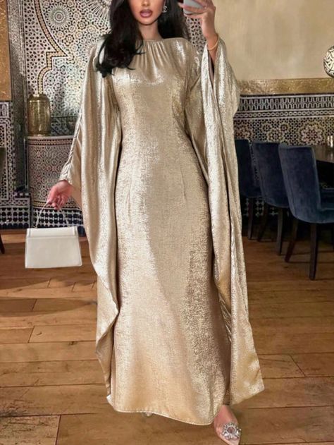 Gold Modest,Party Collar Long Sleeve Woven Fabric Plain Kaftan Embellished Non-Stretch  Women Clothing Gold Modest Dress, Gold Abaya, White Birthday Dress, Arab Dresses, Beige Birthday, Satin Outfits, Muslim Style, Dresses Aesthetic, Printed Casual Dresses