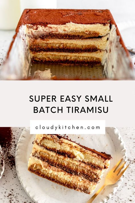 Small Batch Tiramisu is the perfect Easy Tiramisu Recipe. Small Batch Tiramisu is assembled in a loaf pan, and has layers of espresso soaked lady fingers and a zabaglione filling. This small batch dessert recipe is perfect to make ahead for any occasion. Single Tiramisu, Tiramisu For One, Tiramisu Recipe Cups, Tiramisu Recipe For Two, Tiramisu Small Batch, Small Dish Recipes, Dessert Small Batch, Small Batch Tiramisu Recipe, Small Batch Recipes Desserts