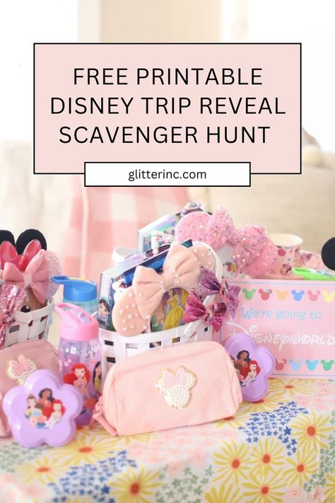 Plan a Disney trip reveal scavenger hunt to surprise your kids with a Disney World Trip! This free activity includes creative clues and ideas on how to tell the kids about a Disney trip. It's a fun and exciting way to announce your trip and make the vacation surprise unforgettable. Disney Trip Reveal Scavenger Hunt, Surprise Trip Reveal Ideas Kids, Trip Reveal Scavenger Hunt, Free Scavenger Hunt Printables, Surprise Disney Trip, Surprise Basket, Disney Vacation Surprise, Disney Trip Reveal, Surprise Trip Reveal