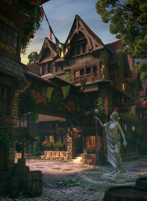 ArtStation - Fantasy Village Forest Cabin Fantasy Art, Enchanted Village Aesthetic, Royal Village Aesthetic, Farming Village Fantasy Art, Fantasy Village Forest, Fantasy Medieval Village Aesthetic, Destroyed Village Fantasy Art, Fantasy City Architecture, Forest Town Fantasy Art