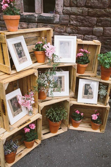 A wonderful collection of ways to use wooden crates in rustic weddings. See our crates here: http://www.lightsforalloccasions.com/c-397-baskets-crates-trays.aspx Wooden Crates Wedding, Wedding Photo Display, Deco Champetre, Colored Wedding Dress, Country Barn Weddings, Unique Wedding Flowers, Country Barn, Wooden Crates, Blush Roses