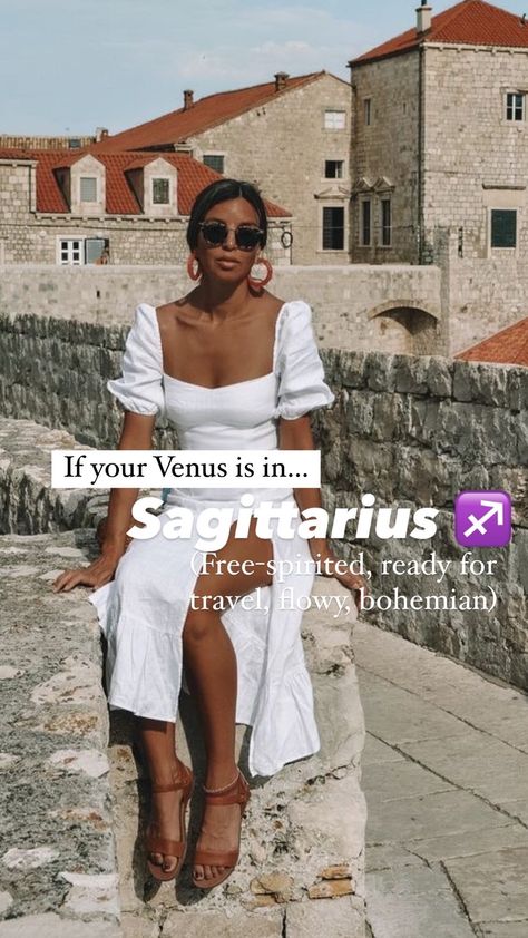 How to dress according to your Venus sign — ASHLINA KAPOSTA Venus In Leo Woman Style, Venus In Sagittarius Woman Style, Dress Like Your Venus Sign Sagittarius, Sagittarius Dressing Style, Dressing Like Your Venus Sign Sagittarius, Sagitarrius Venus Style, Sagittarius Style Aesthetic, Venus Sagittarius Aesthetic, Sag Venus Style