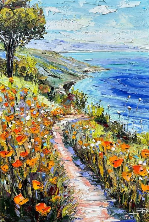 California Wildflowers, California Poppies, California Coastline, Siding Paint, Wooden Bars, Landscape Art Painting, California Poppy, Cityscape Painting, Nature Art Painting