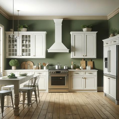 white kitchen cabinets with olive green walls White Cabinets With Green Walls, Green Wall Kitchen White Cabinets, Sage Kitchen Walls White Cabinets, Green Cabinets White Walls, White Kitchen Green Walls, Small Kitchen Colors For Walls, Green And White Kitchens, White Cabinets Green Walls, Green Walls White Cabinets