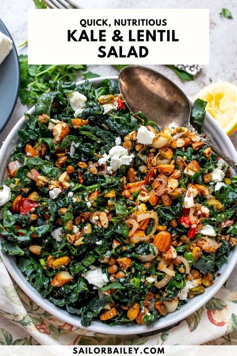 Feel good, nutritious Kale And Lentil Salad is packed with garlic lemon flavor and zesty nuts in each bite. Ready in 20 minutes or less. via @sailor_bailey Vegan Salad Dressing Recipes, Sailor Bailey, Healthy Easy Recipes, Canned Lentils, Busy Woman, Lemon Flavor, Lentil Salad, Veggie Side Dishes, Appetizer Salads