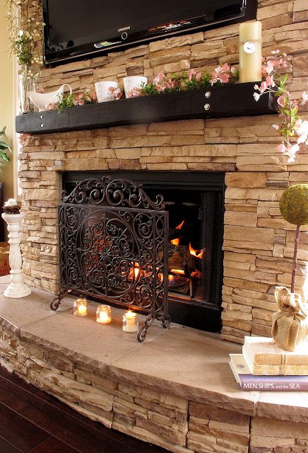 Casa In Pallet, Stone Veneer Fireplace, Stacked Stone Fireplaces, Driven By Decor, Flat Screen Tv, Fireplace Remodel, Home Fireplace, French Cottage, Fireplace Makeover