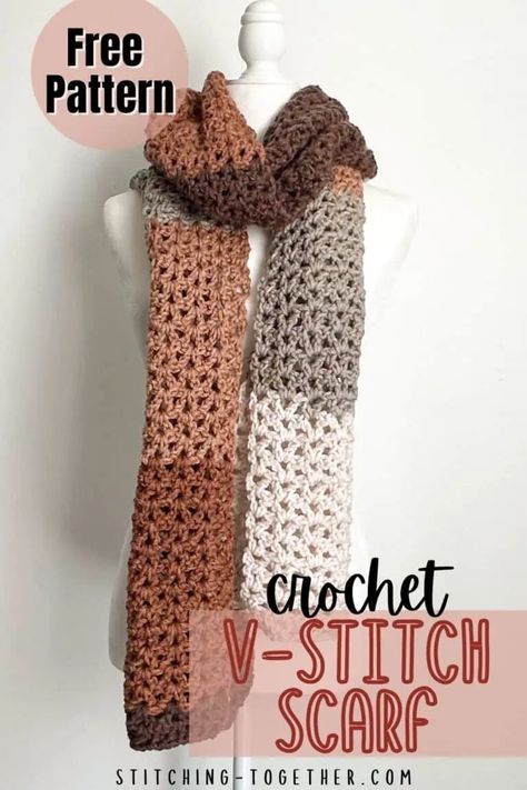 This gorgeous chunky crochet scarf is perfect for the cold winter months. You can make your own v-stitch scarf with this free crochet pattern. Grab your hook and chunky yarn and get started now. Crochet Velvet Scarf, Chunky Scarf Crochet Pattern, Chunky Scarf Pattern, Crochet Scarf Pattern Free Easy, Crochet Infinity Scarf Free Pattern, Bulky Yarn Crochet, V Stitch Crochet, Chunky Yarn Crochet, Crochet Scarf For Beginners