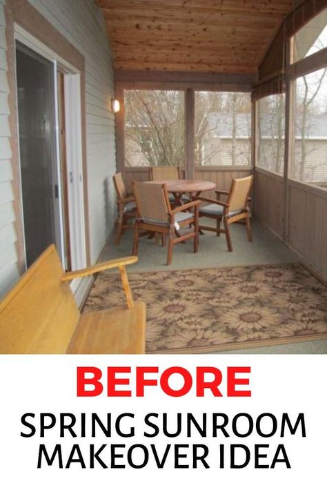 Decorating on a budget? check out the before and after photos of this sunroom remodel for some inspiration. The bold color scheme for trimmings instantly updates this old looking space. #diy #sunroom #makeover Sun Porch Ideas Enclosed, Small Enclosed Porch, Diy Sunroom, Small Sunroom Ideas, Sunroom Renovation, Sunroom Makeover, Sunroom Remodel, Cozy Sunroom, Small Sunroom