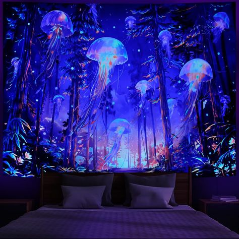 PRICES MAY VARY. Material: The blacklight fantasy forest is made of premium polyester, which is comfy, durable, skin-friendly, soft, lightweight, washable, no-fading and easy to hang. The aesthetic tapestry has vibrant color and that is a wall art for home decor. Size: There are 2 Sizes for you to choose, W59"×H51"(150×130cm), W78"×H59(200×150cm), W92"×H70(235×180cm)". This blacklight fantasy forest jellyfish tapestry is so gorgeous, make sure you get one. Blacklight/UV Reactive: Due to the spec Jellyfish Tapestry, Astrology Tapestry, Black Light Tapestry, Galaxy Tapestry, Sky Tapestry, Aesthetic Tapestry, Tapestry Aesthetic, Ocean Themed Bedroom, Bedroom Mural