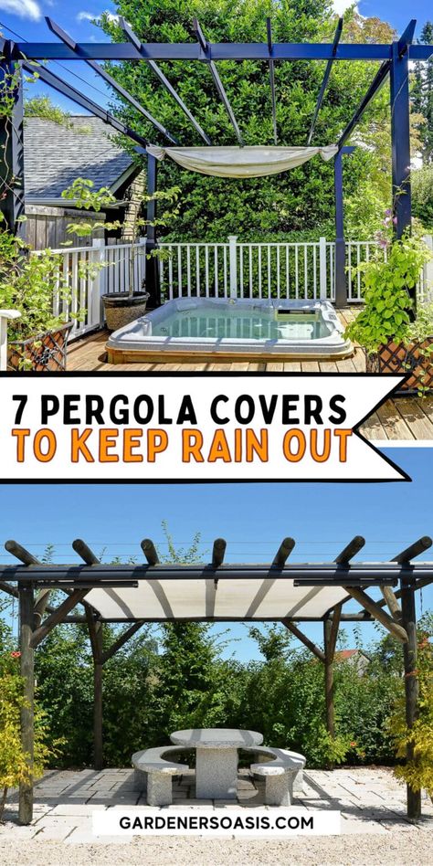 These DIY waterproof pergola cover ideas will help provide shade and protect your patio or deck from the rain. Perfect for outdoor entertaining in your backyard. Pergola With Fabric Roof, Deck Rain Cover Ideas, Diy Pergola Covers Waterproof, Sail Patio Cover Canopies, Pergola Rain Cover Ideas, Pergola Covers Waterproof, Backyard Rain Cover, Diy Retractable Pergola Canopy, Waterproof Pergola Ideas