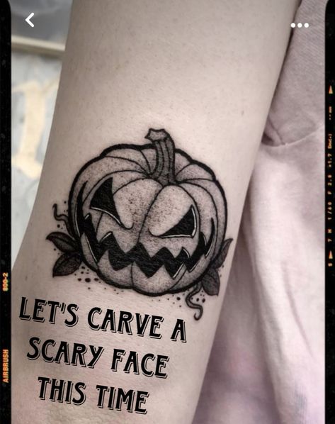 Trick Or Treat Tattoo, Trick R Treat Tattoo Ideas, Halloween Tattoos Black And Grey, Blackwork Halloween Tattoo, Men’s Halloween Tattoo, Sam Trick R Treat Tattoo, Treat Quotes, Sam Trick R Treat, Pumpkin Tattoo