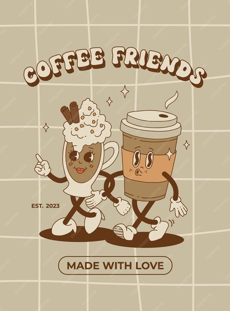 Premium Vector | Retro poster with cute cartoon characters of coffee takeaway and pastries donut chocolate chip cookie ice cream and cupcake desserts food and drink in retro groovy style Retro Illustration Coffee, Retro Food Ideas, Cute Food Characters, Retro Coffee Poster, Retro Cartoon Poster, Donut Poster Design, Retro Design Ideas, Coffee Cartoons, Retro Cookies