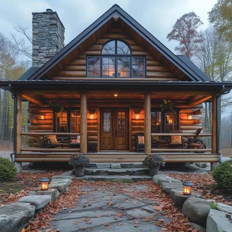 Log Cabin House Exterior, Log Cabin Front Porch, Cabin Front Porch, Timber Frame Cottage, Cabin House Design, Log Cabin Exterior, Cabin Porch, Log Home Interiors, Cabin House