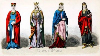 Carolingian Middle Ages Dresses. French Medieval nobility Fashion. Headdresses Middle Ages Dress, Medieval Costumes, French Costume, High Middle Ages, Queen Costume, Medieval Costume, Medieval Clothing, Medieval Dress, Medieval Fashion