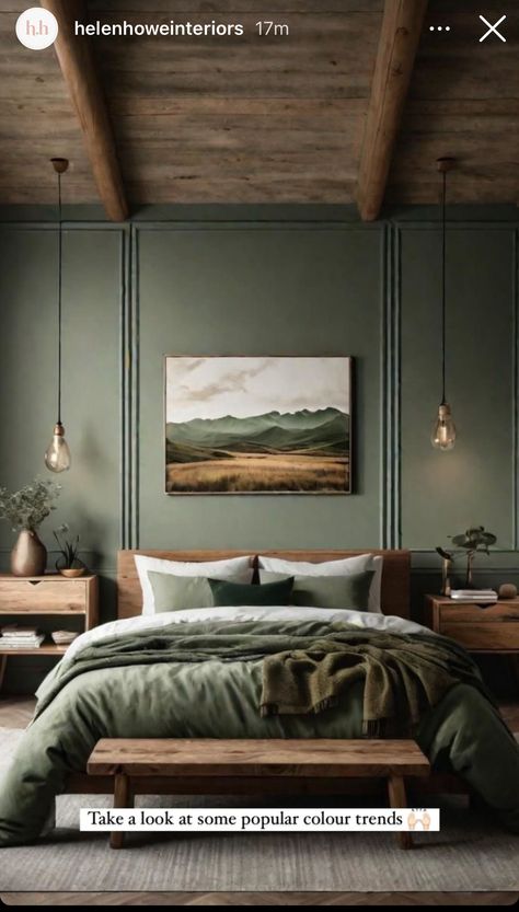 Forest Green And Oak Bedroom, Green And Clay Bedroom, Green Bedroom Dark Wood, Sage Green And Dark Wood Bedroom, Dark Green Bedding Wood Bed, Earthy Bedroom Dark Wood, Home Craft Decor, Blue Bedroom Design, Family Room Colors