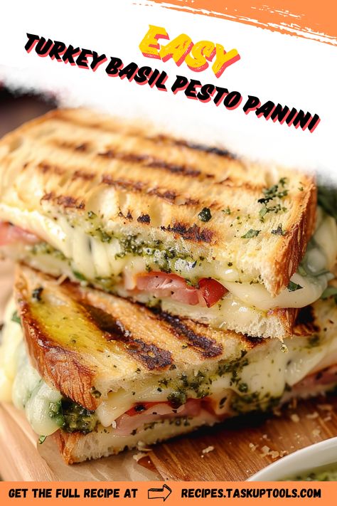 Discover the ultimate flavor combination with this Easy Turkey Basil Pesto Panini recipe. Perfectly grilled with tender turkey, fresh basil pesto, and melty cheese, this sandwich is a quick and delicious meal option for lunch or dinner. Packed with vibrant ingredients, its a delightful way to elevate your everyday meals. Ideal for busy weekdays or leisurely weekend lunches, this panini is sure to impress. Dive into the deliciousness and enjoy every bite of this gourmet delight! Pesto Panini Sandwiches, Basil Pesto Sandwich, Pesto Turkey Sandwich, Turkey Pesto Panini, Turkey Panini Sandwiches, Turkey Pesto Sandwich, Turkey Panini Recipes, Chicken Pesto Panini, Weekend Lunches