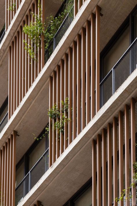 Gallery of Harmonia 1250 Building / Triptyque - 8 Louvre Facade Architecture, Louvers Design Exterior, Wood Louver Facade, Balcony Facade Design, Wood Facade Design, Wooden Facade Architecture, Facade Louvers, Exterior Design Building, Wooden Louvres