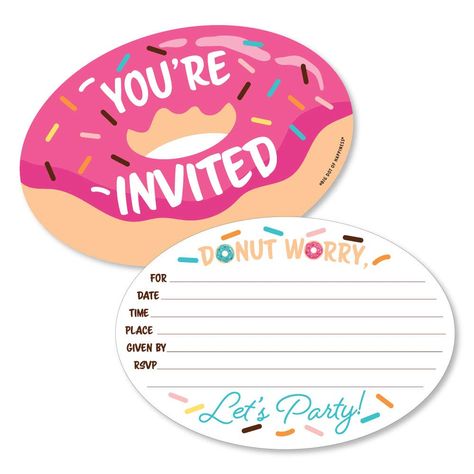 Donut Birthday Party Invitations, Doughnut Party, Donut Worry, Donut Birthday Parties, Sprinkle Party, Donut Party, Donut Shop, Cards With Envelopes, Invitation Envelopes