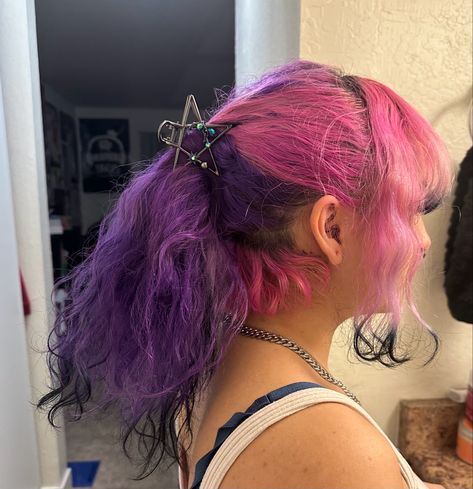 Pink Hair With Purple Underneath, Pink And Purple Raccoon Tail Hair, Black Pink And Purple Hair, Pink Purple Black Hair, Pink Hair Black Tips, Pink And Purple Curly Hair, Purple Hair With Black, Purple Hair With Pink Highlights, Half Pink Half Purple Hair