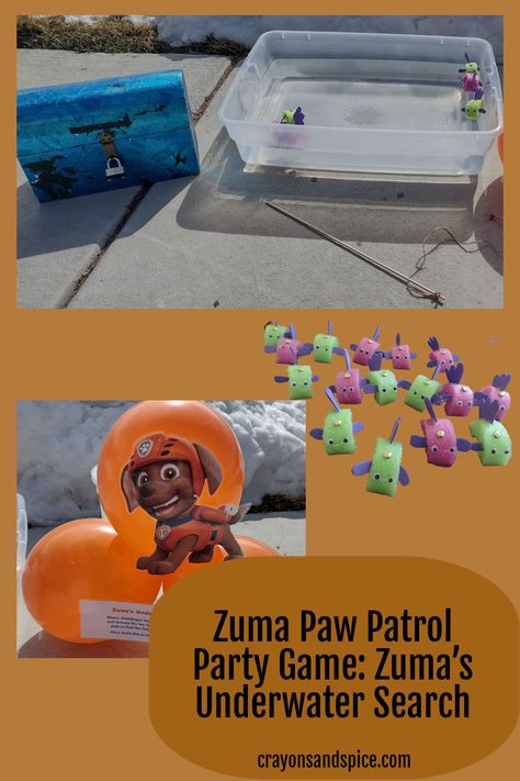 Picture of a bucket of water, fishing pole, and treasure chest set up for a Zuma themed party game. There is also a closeup picture of fish made from pool noodles and a Zuma themed sign made from three orange balloons Diy Fishing Game, Paw Patrol Party Games, Mayor Humdinger, Paw Patrol Games, Fishing Games For Kids, Magnetic Fishing Game, Zuma Paw Patrol, Diy Fishing, Orange Balloons