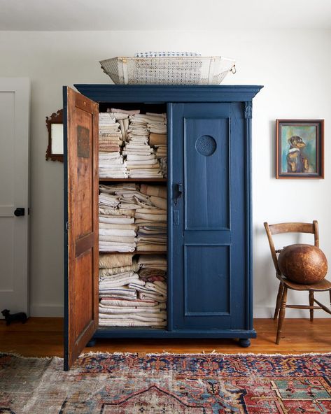 Free Standing Cupboard, Styling An Armoire, Free Standing Linen Cabinet, Blue Cottage Decor, Cottage House Design, Armoire Bedroom, Standing Wardrobe, Dog Friendly Furniture, Living Room Armoire