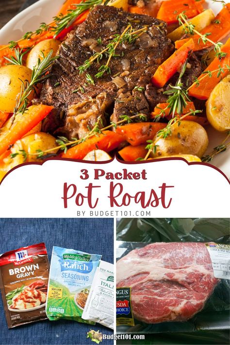 3 Packet Pot Roast  3 Packet Pot Roast: Mix ranch, gravy, and Italian seasoning with beef broth for an easy, succulent roast in Crockpot, Instant Pot, or oven. #Budget101 Ranch Packet Pot Roast, Pot Roast Italian Seasoning, How To Season A Roast Crock Pots, Roast Italian Seasoning Crock Pot, Ranch Seasoning Pot Roast, Beef Stew Ranch Packet, Pot Roast Ranch Italian Brown Gravy, Chuck Roast With Ranch Packet, Ranch Italian Brown Gravy Roast