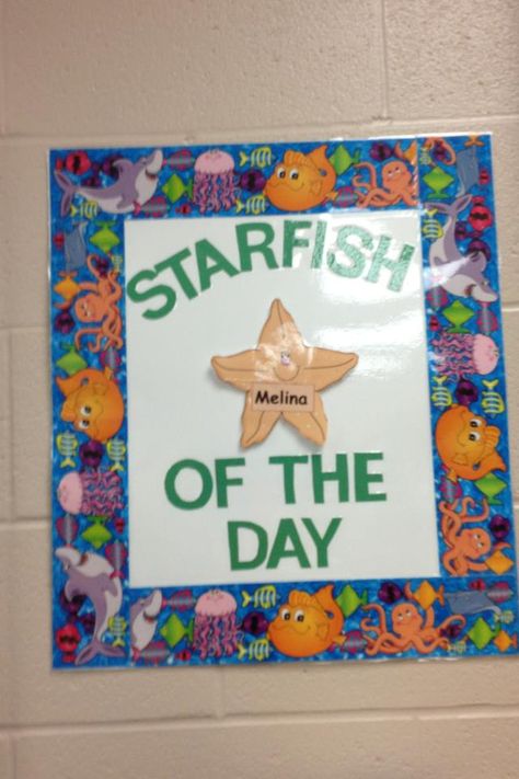 Ocean-themed 'starfish of the day' sign for Grade two classroom. Birthday Board Preschool, Happy Classroom, Preschool Ocean, Beach Theme Classroom, Nautical Classroom, Birthday Board Classroom, Ocean Theme Preschool, Ocean Classroom, Ocean Theme Classroom