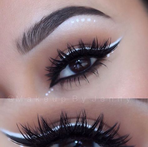 White And Black Eyeshadow Looks, Black And White Festival Makeup, Simple Black And White Eyeliner Looks, White Liner Inner Eye, Black White And Grey Eye Makeup, Half Black Half White Makeup, Black And White Liner Eye Makeup, Black And White Makeup Ideas, Black And White Smokey Eye