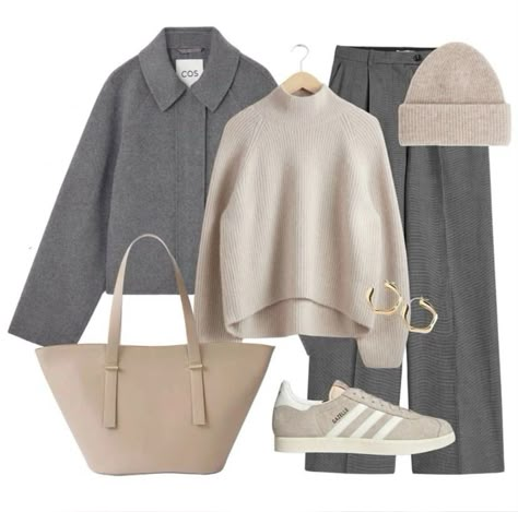 Grey And Beige Outfit, Gray Shoes Outfit, Grey Jacket Outfit, Grey Top Outfit, Cropped Jacket Outfit, Look Beige, Shop The Outfit, Trainers Outfit, Modesty Outfits