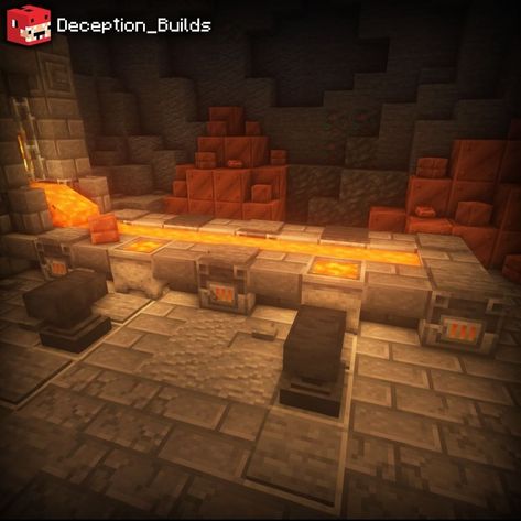 Minecraft Automatic Furnace, Minecraft Forge Room Ideas, Minecraft Abandoned Mine, Minecraft Black Smith Interior, Minecraft Nether Shop Ideas, Blast Furnace Minecraft Design, Minecraft Furnace Room Design, Anvil Room Minecraft, Minecraft Blacksmith Forge