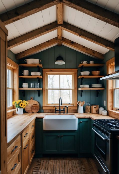 Rustic Cabin Kitchen Ideas for Tiny House Living: Maximizing Space and Style - DownsizeGeek Tiny Cabins Interiors Loft, Rustic Tiny Kitchen, Cabin Kitchen Modern, Cabin Walls Interior, Green Cabin Kitchen, Cozy Tiny House Interior, Cabin Home Decor Ideas, Small Cabin Interiors Rustic, Cabin House Ideas