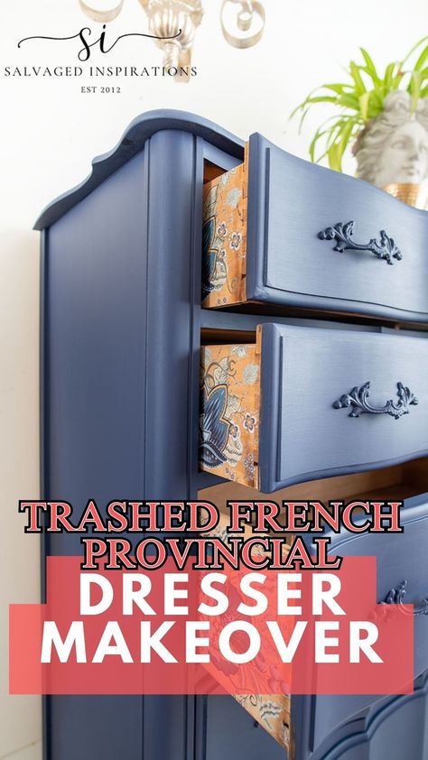 Trashed French Provincial Dresser Makeover | Salvaged Inspirations I Found This Trashed French Provincial Dresser And Turned It Into A Nautical Beauty. I Had To Pick It Up Because I Have A Soft Spot For FP Furniture, Even Though It Looked Like A Hot Mess. I’m Super Happy With How This Dresser All Came Together And I’m Also Curious As To How It Would Look In Raw Wood. #siblog #salvagedinspirations #frenchprovincialdresser #dressermakeover #furnituredresser #paintingfurniture #furniturepainting French Chic Paint, Painted French Provincial Furniture, Painted French Provincial Dresser, Refinished Dresser Diy, Provincial Dresser Makeover, French Blue Paint, Antique Dresser Makeover, French Provincial Dresser Makeover, French Provincial Bedroom