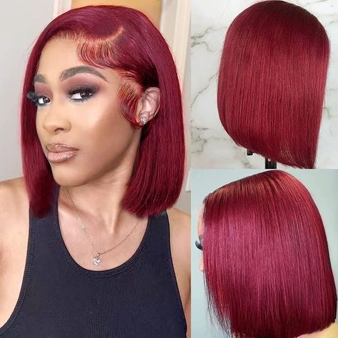 PRICES MAY VARY. Burgundy Bob Wig Human Hair Material: 9A Grade 100% unprocessed brazilian virgin human hair wigs lace front wigs, cut from young donor directly, soft, clean and comfortable against skin, can Middle Part or Free Part. 13x4 Straight Bob Wig Human Hair Lace: Transparent lace front wigs human hair wigs, pre plucked natural hairline with baby hair around, soft & durable. It is suitable to wear in any occasions. Short Bob Burgundy Wig Quality: 13x4 99j burgundy straight short bob lace Burgundy Bob Black Women, Bob Wig Hairstyles, Burgundy Bob Wig, Colored Bob, Burgundy Bob, Burgundy Wig, Black Women Bob, Colored Bobs, Bob Black