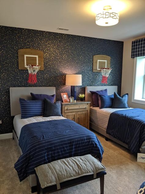 Twin Boys Room, Basketball Theme Room, Twin Boys Bedroom, Shared Boys Rooms, Basketball Bedroom, Brothers Room, Anmer Hall, Boys Bedroom Themes, Basketball Room