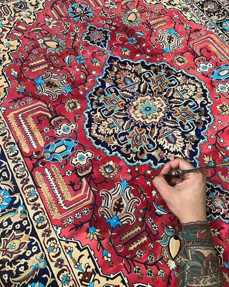 Artist Creates Paintings That Look Like Impossibly-Detailed Persian Carpets - A Miami based artist creates stunningly detailed paintings that look like real Persian rugs. Jason Seife, who is a muralist and a graphic designer, began developing the intricate pictures in 2015 as a form of … Painting Carpet, Detailed Paintings, Contemporary Art Painting, Painted Rug, Magic Carpet, Mandala Drawing, Carpet Design, Process Art, Persian Carpet