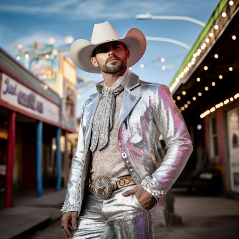 Disco Cowboy Men, Yeehaw Party, Galactic Cowboy, Futuristic Cowboy, Space Cowboy Costume, Disco Rodeo, Cowboy Disco, Cowboy Clothes, Cowgirl Disco