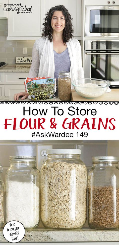 To protect your investment, you need to know how to properly store flour and grains in bulk... Will wheat and rice, einkorn and more stay fresh in the pantry, or is the freezer best? What about refrigeration? Here's everything you need to know about long term food storage of flour and grains at home! #flour #grains #pantry #wholegrains #foodstorage How To Store Flour In Pantry, Bulk Dry Food Storage Ideas, Best Way To Store Flour Long Term, Preserving Flour Long Term, How To Store Cereal Long Term, How To Store Oatmeal Long Term, How To Dry Can Flour, How To Store Pasta Long Term, How To Store Flour Long Term Food Storage