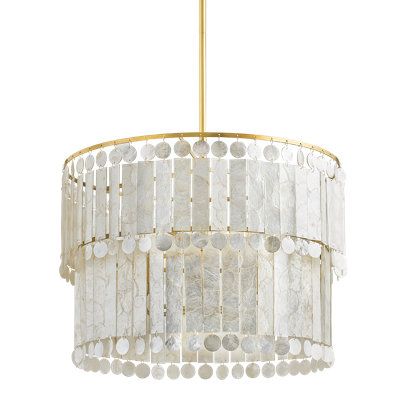 Gorgeous layers of Capiz shell, in alternating circles and rectangles, dangle from an Aged Brass frame for a sophisticated coastal aesthetic. This stunning design, available in a small and large chandelier, is the perfect centerpiece for your bedroom or living room update. Part of our Megan Molten x Mitzi Tastemakers collection. | Hudson Valley Melisa Chandelier by MEGAN MOLTEN in White / Yellow | 18.5 H x 24 W x 24 D in | Wayfair Megan Molten, Sophisticated Coastal, Capiz Shell Chandelier, Shell Chandelier, Large Chandelier, Coastal Aesthetic, Classic Lighting, Corbett Lighting, Living Room Update