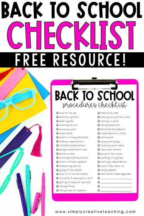 Setting up your first classroom? Did you land your first teaching job? Read these first year teacher tips and tricks to help with your classroom set up, curriculum mapping, lesson planning, and more! This advice for every new teacher will help you set up your elementary classroom! Plus, get a free classroom routines and procedures checklist! You will be ready for back to school with this classroom management checklist! #backtoschool #newteacher #firstyearteacher Routines And Procedures Checklist, New Teacher Checklist, Back To School Procedures, Procedures Checklist, Teacher Tips And Tricks, Kindergarten Routines, Activities For Back To School, Classroom Checklist, School Procedures