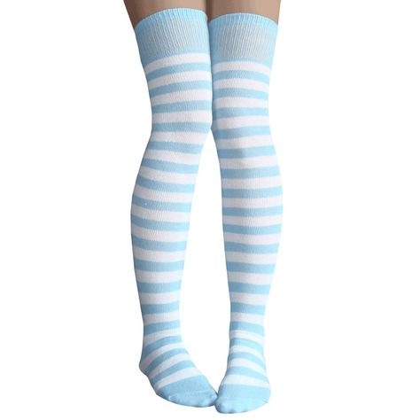 Innocent And Playful, These Light Blue And White Striped Socks Are A Treat. Made In Usa Size: Women's 7-11 Material: 80% Cotton, 20% Nylon & Elastic Length: 32” - 34” Before Stretched Striped Thigh Highs, White Thigh High Socks, Socks Photography, White Thigh Highs, Striped Thigh High Socks, Striped Knee High Socks, Striped Gloves, Blue Stockings, Blue Tights