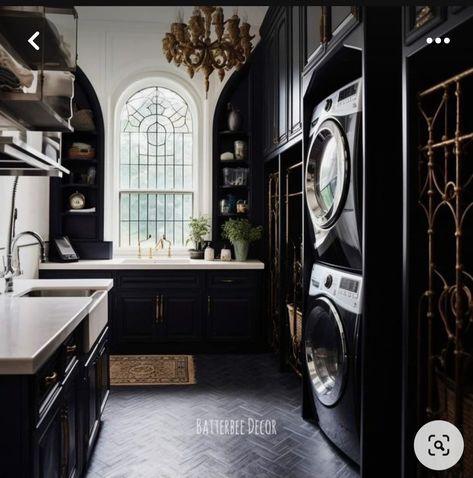 Modern Gothic Victorian House Interior, Black And White Victorian Kitchen, Modern Victorian Laundry Room, Black Victorian House Interiors, Dark Academia Laundry Room, Gothic Modern House Interior, Goth Laundry Room, Modern Gothic House Interior, Gothic Interior Design Modern