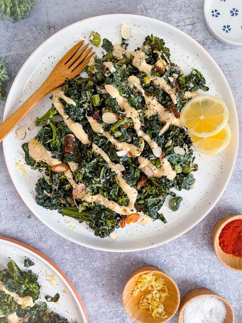 Roasted Broccolini Salad with Lemon, Apricots, and Kale Nikki Vegan, Broccolini Salad, Make Tahini, Vegan Salad Dressing Recipes, Marinated Kale, Tahini Dressing Recipe, Dressing Healthy, Roasted Broccolini, Vegan Salad Dressing