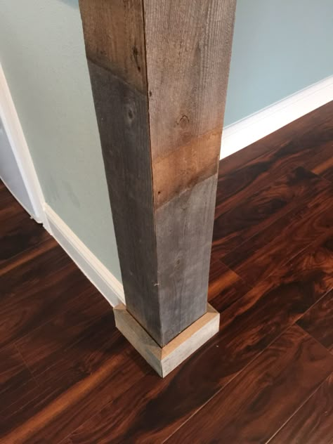 Wood Support Columns, Faux Wood Corner Beam, Beams Living Room Columns, Faux Wood Columns Interior, Faux Beam Around Doorway, Wood Wrapped Columns Interiors, Interior Post Wrap Ideas, Faux Wood Column Wraps, Rustic Columns Interior